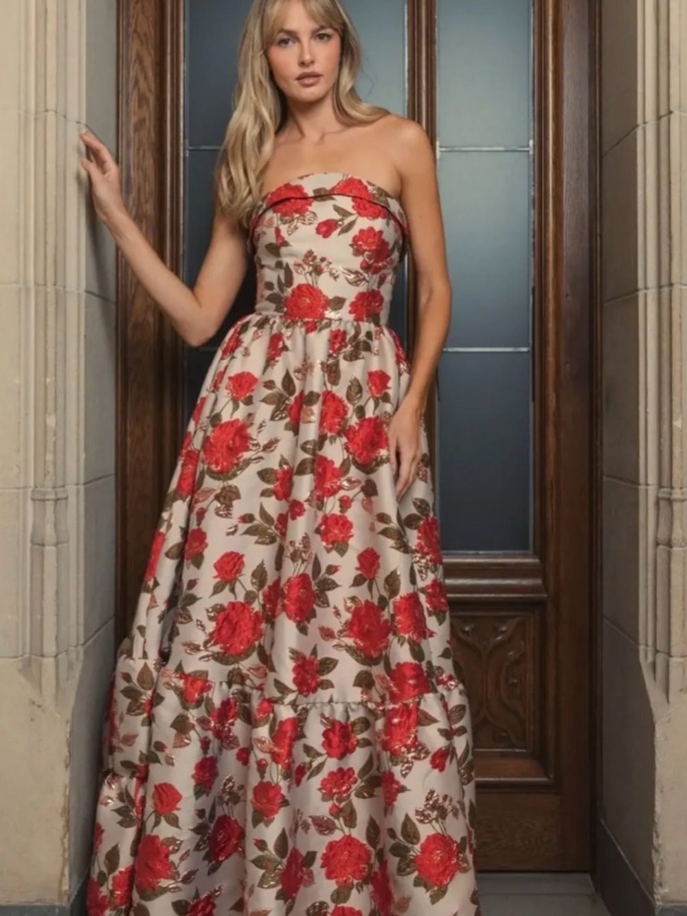 MAC DUGGAL
Multicolor Brocade Strapless Floral Gown With Ruffle Hem with POCKETS